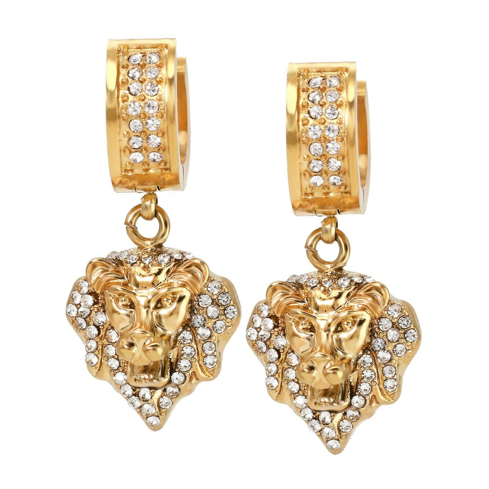 Cubic-Zirconia Gold Stainless Steal 2 Row Lion Head Huggie Hoop Dangle Earrings