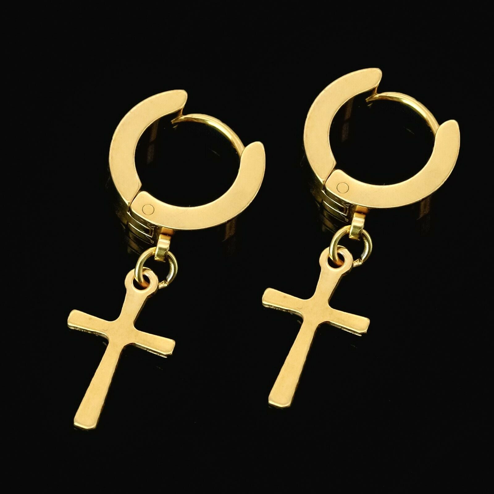 Small Cross Dangle 18k Gold Stainless Steel Plain Earring