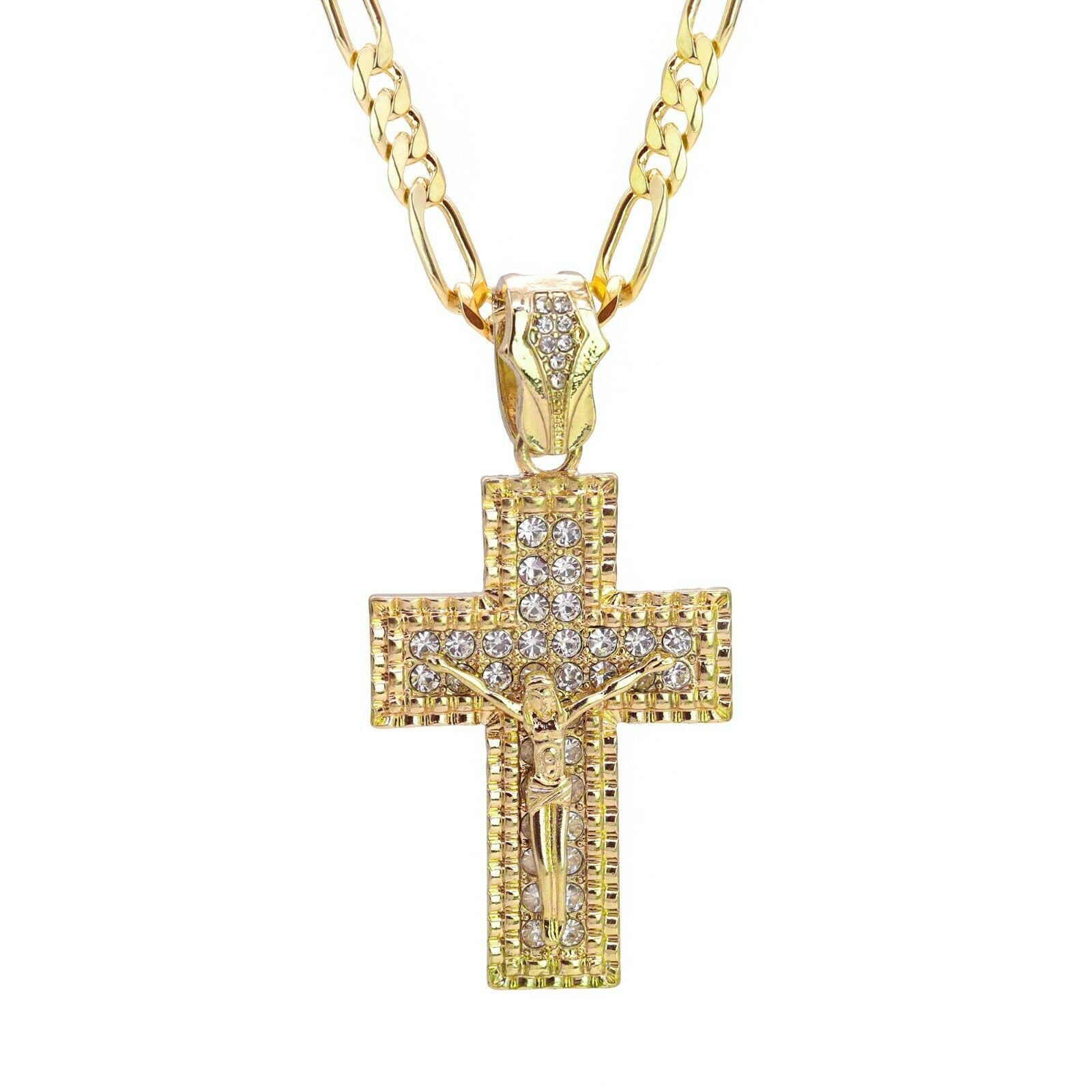 M1 Jesus Cz Cross Pendant 20" Figaro Chain Hip Hop Style 18k Gold Plated