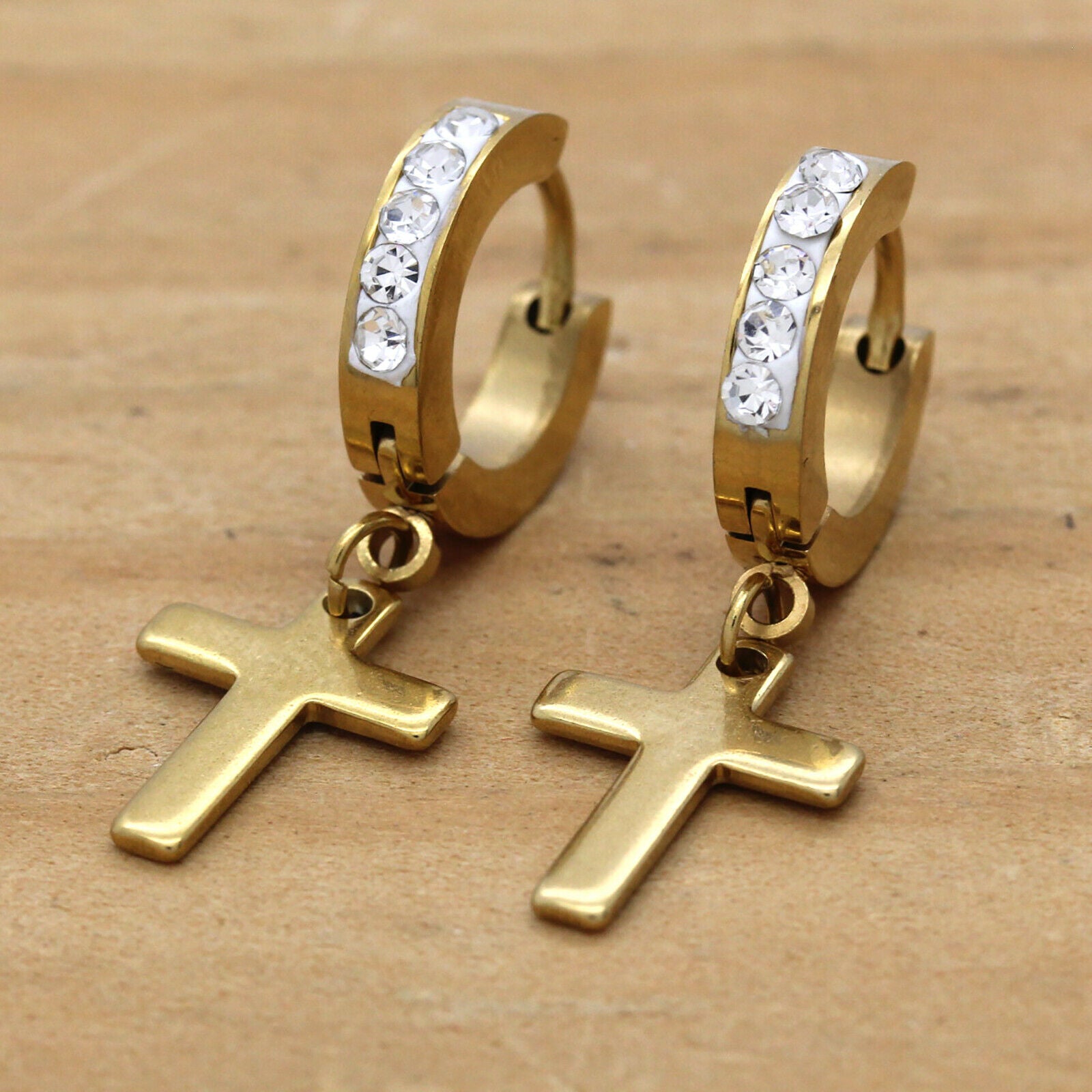 Cz Huggie Hoop Cross Dangle 1 Row GOLD STAINLESS STEEL FILLED EARRINGS