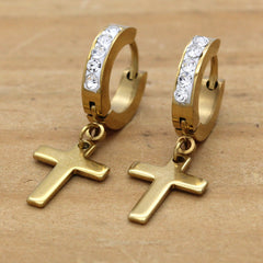 Cz Huggie Hoop Cross Dangle 1 Row GOLD STAINLESS STEEL FILLED EARRINGS
