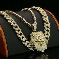 3pc Men's Gold Plated Cz Thick Lion Face w/ Cz Cuban & Thin Tennis Chain 22"/24