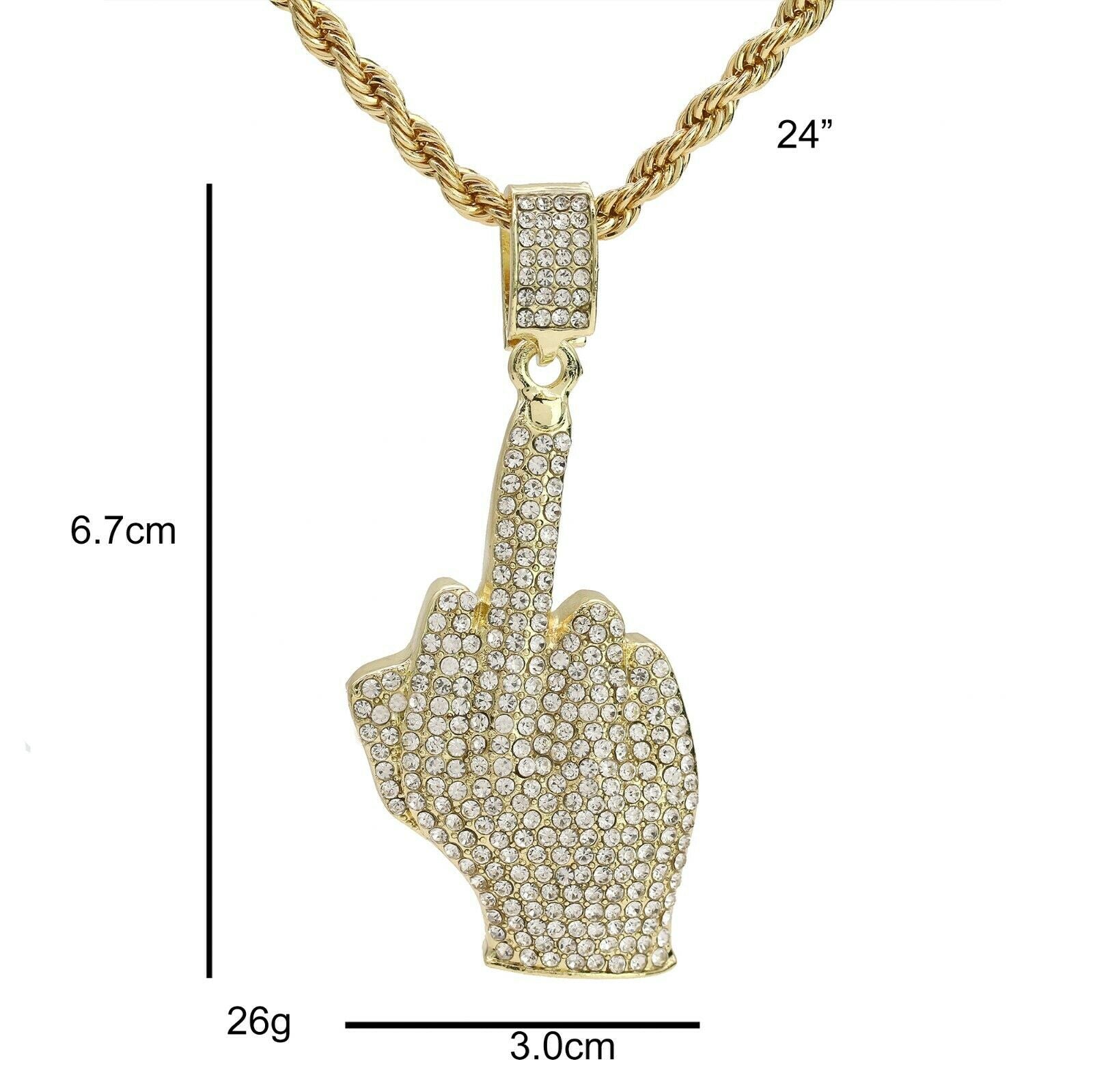 Hip Hop Middle Finger Pendant 18k Gold Plated Rope Necklace with Cubic Zirconia Simulated Diamond for Men Women