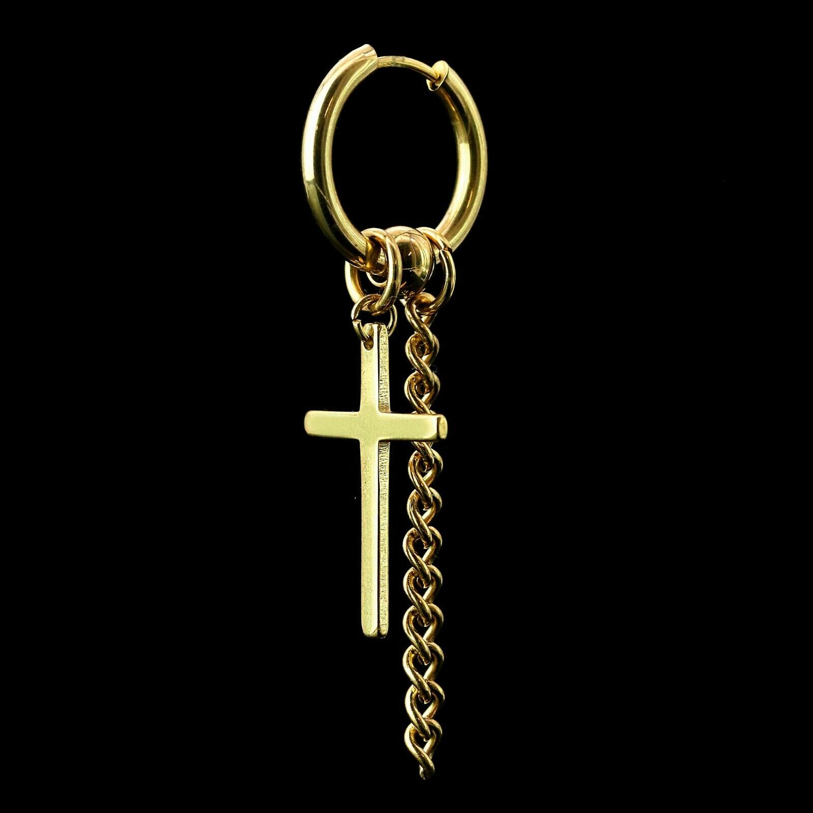 Cross Dangle/Cuban 18k Gold Stainless Steel Plain Earring