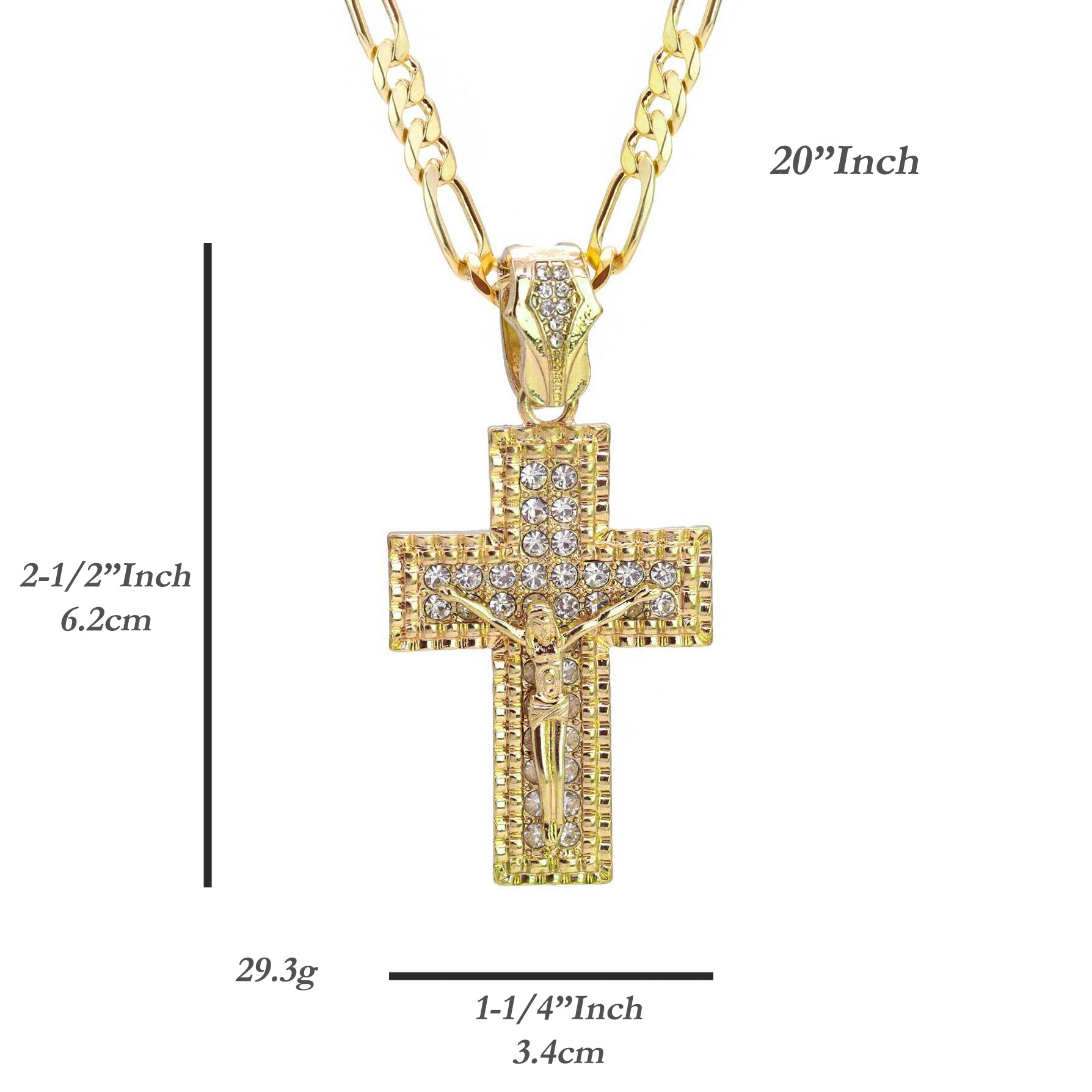 M1 Jesus Cz Cross Pendant 20" Figaro Chain Hip Hop Style 18k Gold Plated