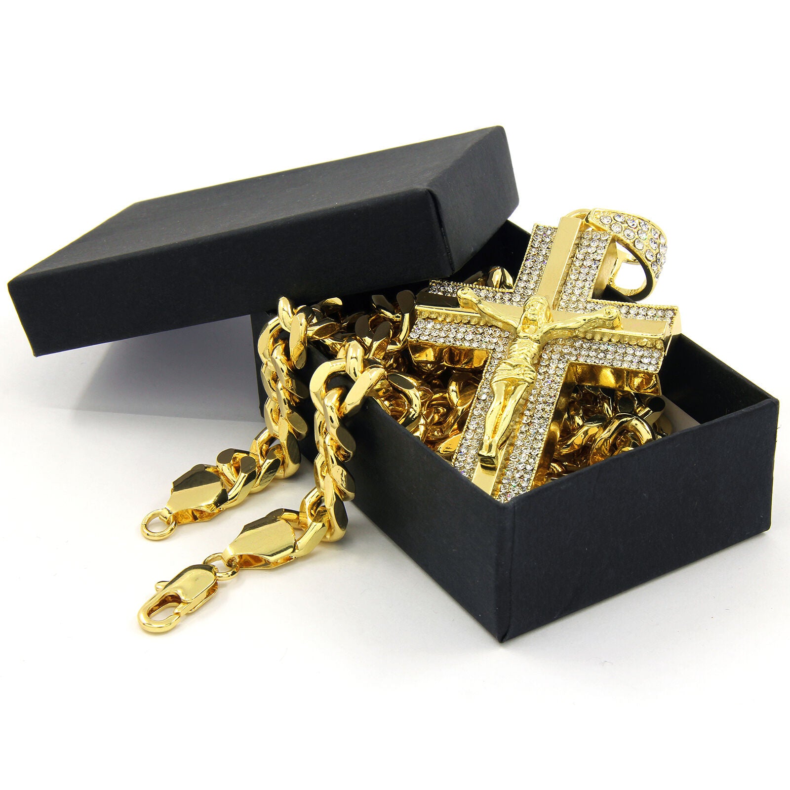 Gold Mirror Cross Jesus Pendant – 10mm Miami Cuban Link Chain (30")
