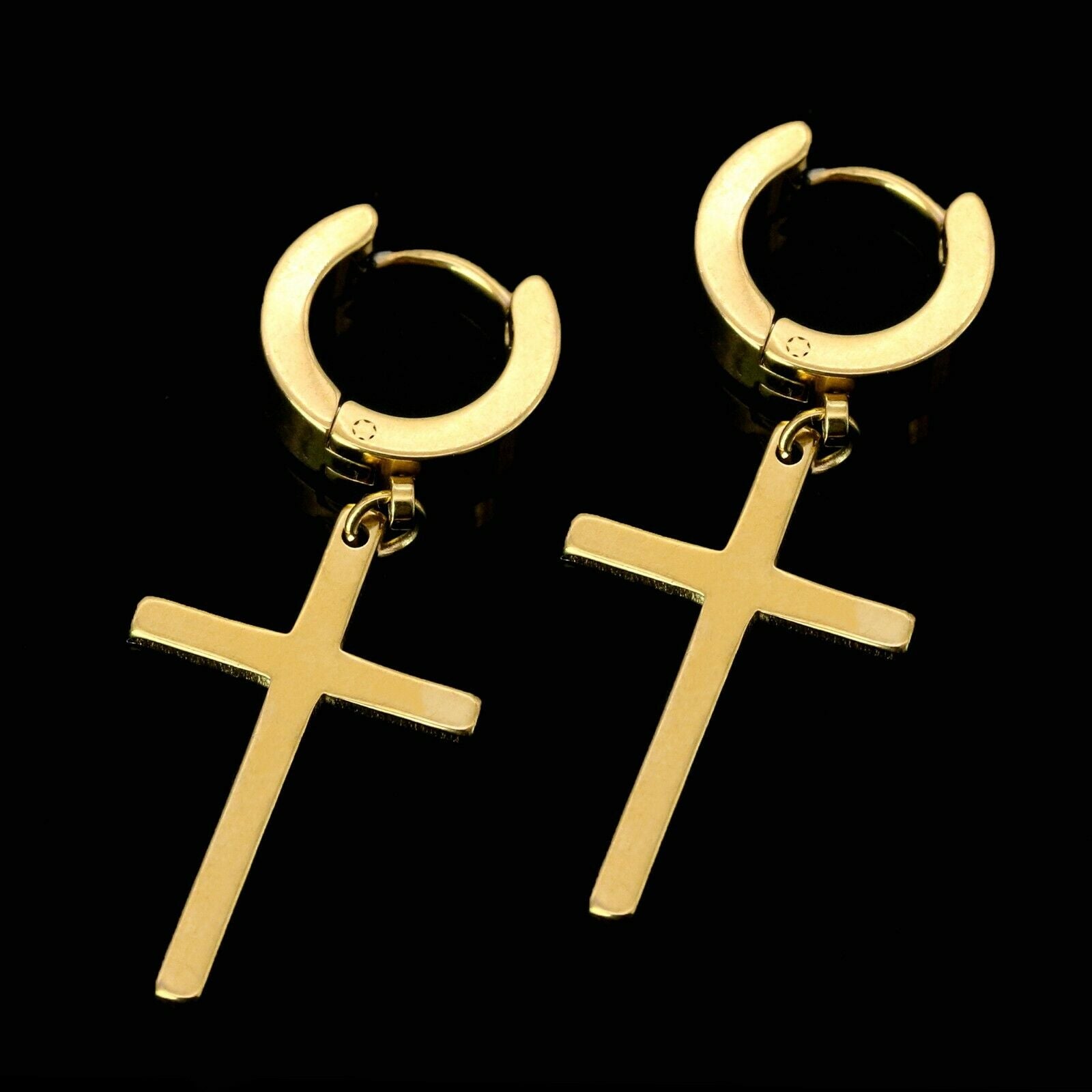 Medium Cross Dangle 18k Gold Stainless Steel Plain Earring
