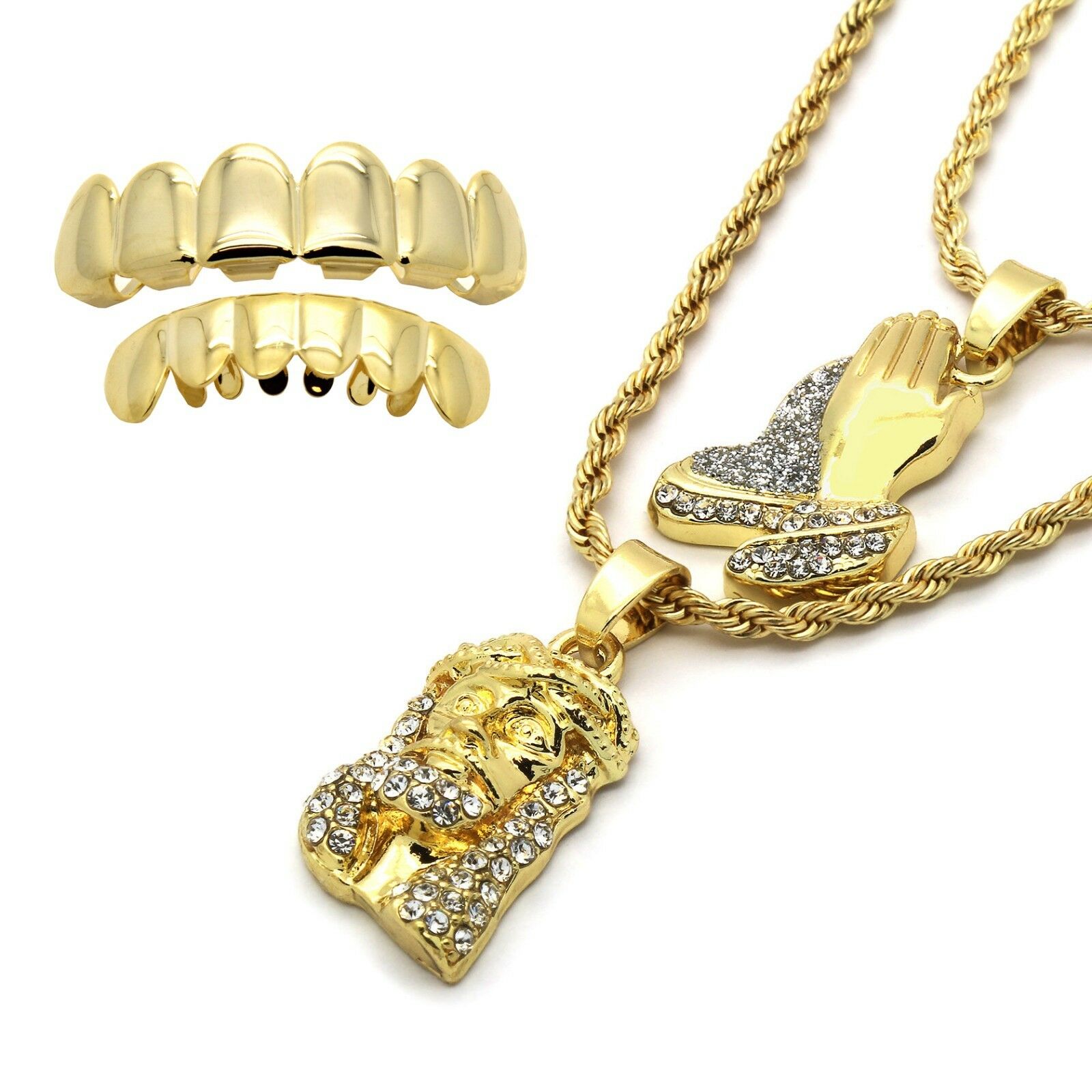 JESUS & PRAYER HAND ST PENDANT / FREE BOTTOM GRILLZ