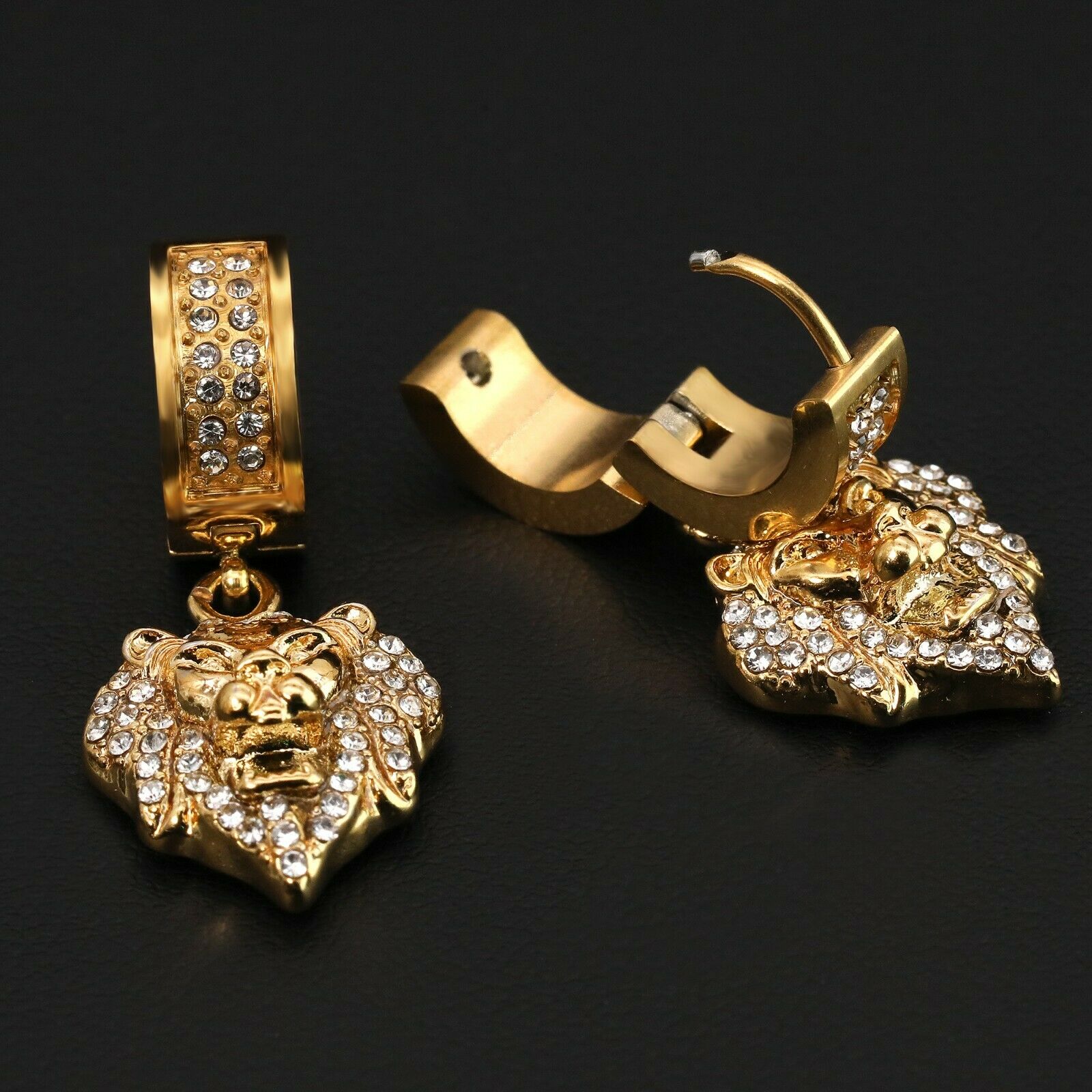 Cubic-Zirconia Gold Stainless Steal 2 Row Lion Head Huggie Hoop Dangle Earrings