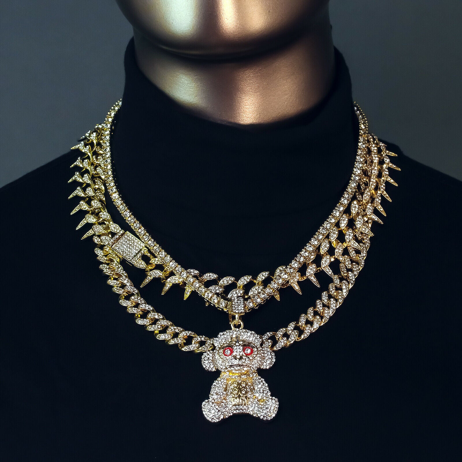 #38 Monkey Cz 4 Pcs Set Exotic Cuban, Tennis & Miami Cuban Chain Bundle Gold PT