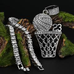 Cubic-Zirconia Basketball 23 Pendant Silver Plated Two Tennis 18", 20" Chain