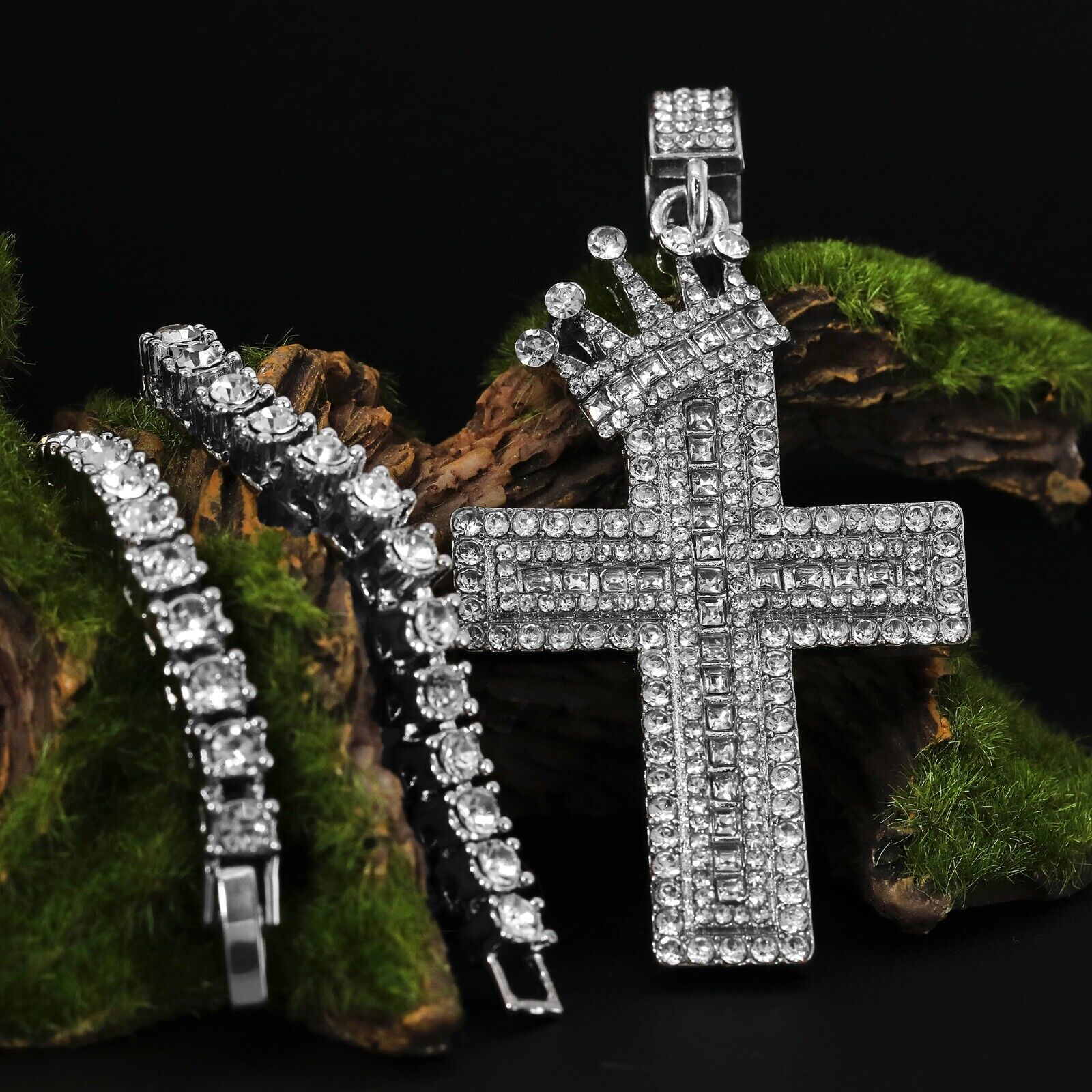 Cubic-Zirconia Crown Two Cross Pendant Silver Plated Two Tennis 18", 20" Chain