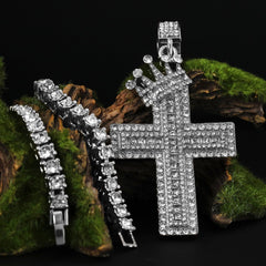 Cubic-Zirconia Crown Two Cross Pendant Silver Plated Two Tennis 18", 20" Chain