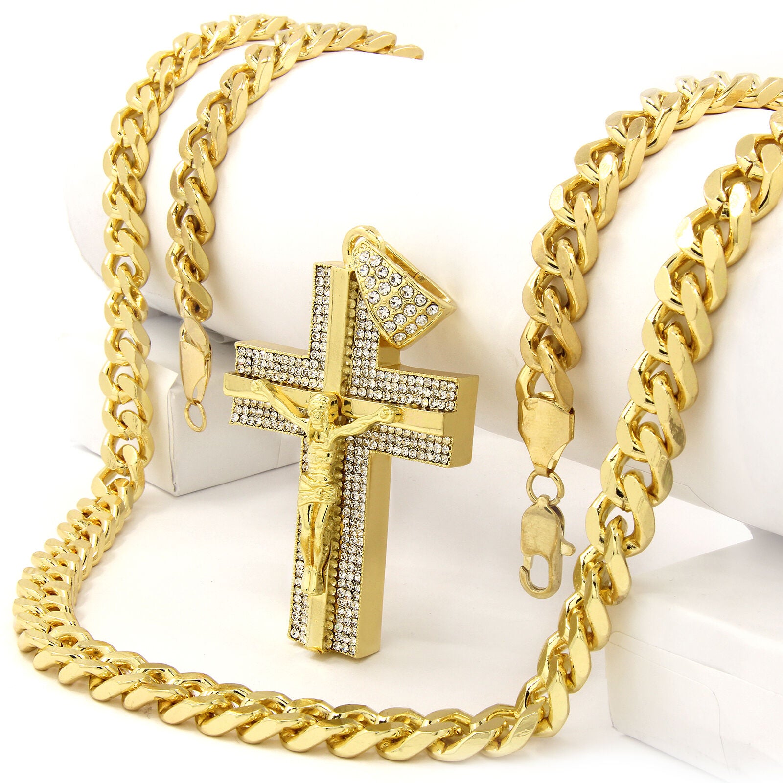 Gold Mirror Cross Jesus Pendant – 10mm Miami Cuban Link Chain (30")
