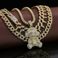 #38 Monkey Cz 4 Pcs Set Exotic Cuban, Tennis & Miami Cuban Chain Bundle Gold PT