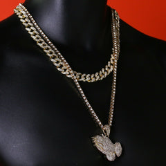 3pc Men's Gold Plated Cz Thick Prayer Hands w/ Cz Cuban & Thin Tennis Chain 22"/24