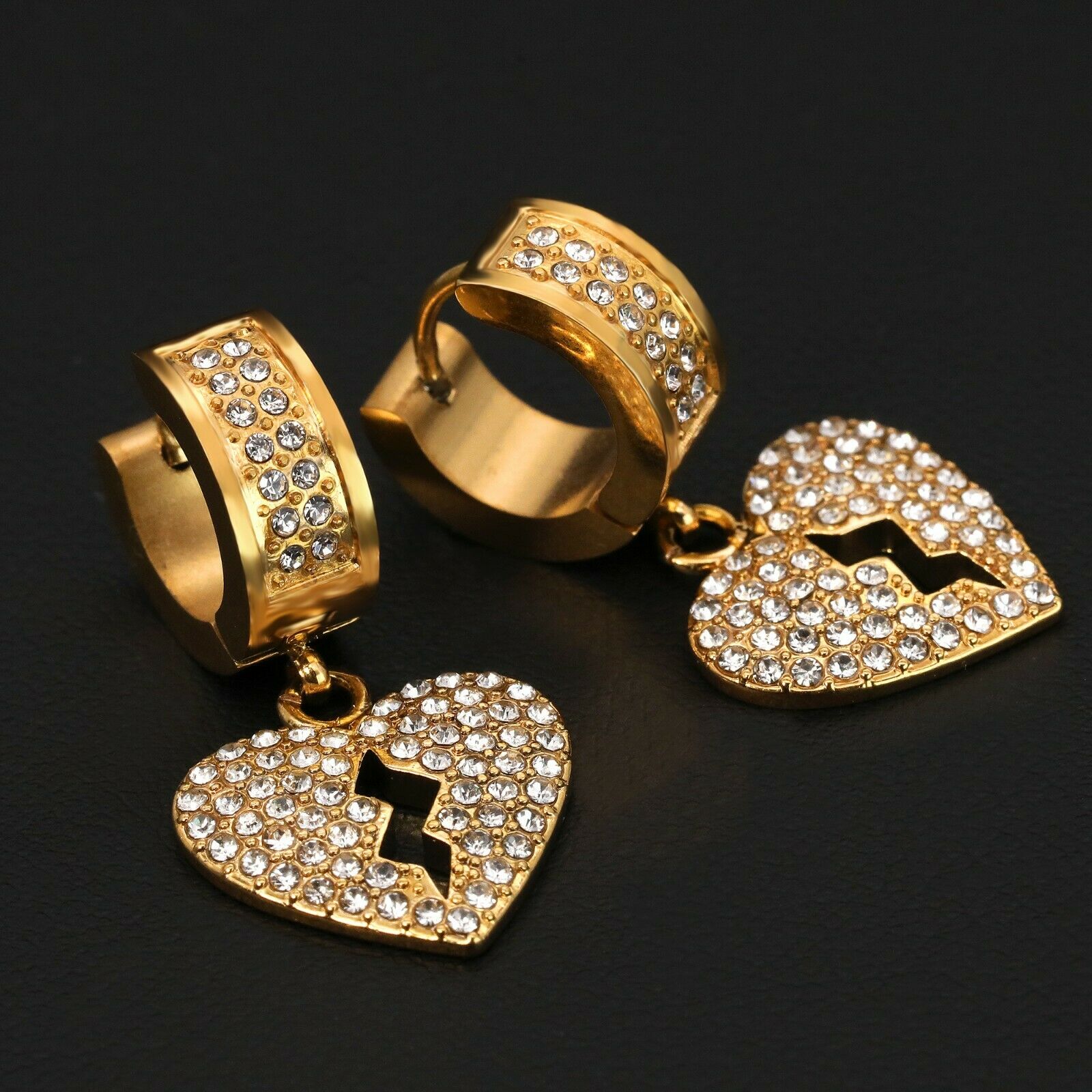 Cubic-Zirconia Gold Stainless Steal 2 Row Tiny Broken Heart Huggie Hoop Earrings