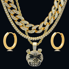 Gold Plated High Fashion Cuban Tennis Chains Mad Dog Face & Stainless Steel Huggie Hoop Thin Earrings