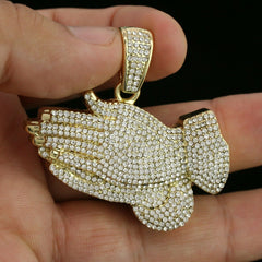 3pc Men's Gold Plated Cz Thick Prayer Hands w/ Cz Cuban & Thin Tennis Chain 22"/24