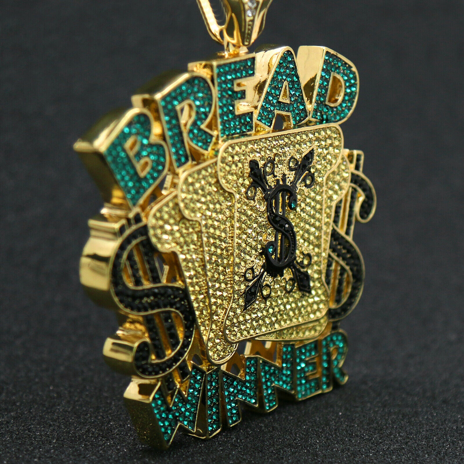 4PC Set – Bread Winner Pendant with Gold CZ Cuban, Tennis & Rope Chains