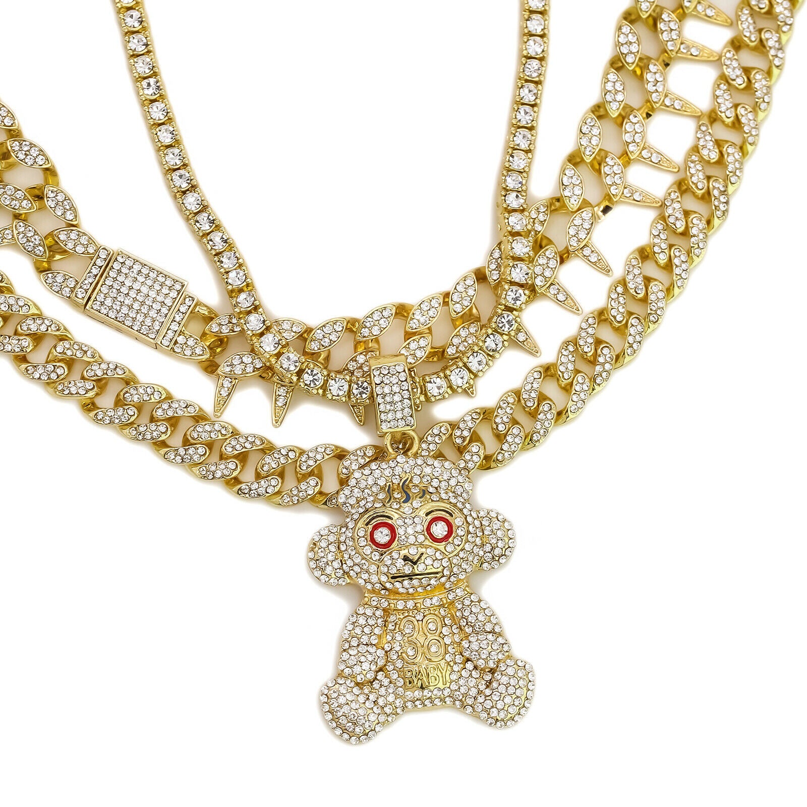 #38 Monkey Cz 4 Pcs Set Exotic Cuban, Tennis & Miami Cuban Chain Bundle Gold PT