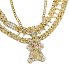 #38 Monkey Cz 4 Pcs Set Exotic Cuban, Tennis & Miami Cuban Chain Bundle Gold PT
