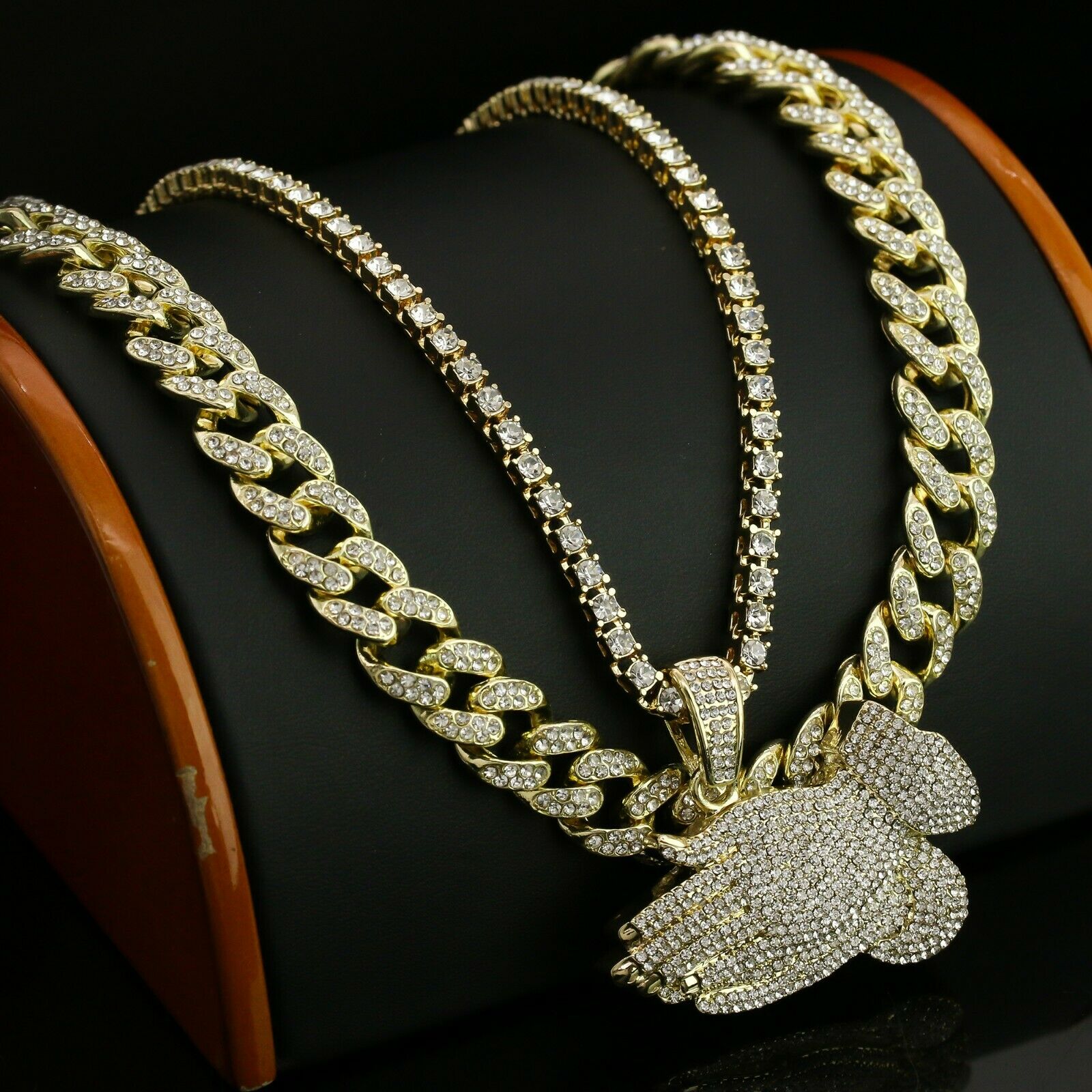 3pc Men's Gold Plated Cz Thick Prayer Hands w/ Cz Cuban & Thin Tennis Chain 22"/24