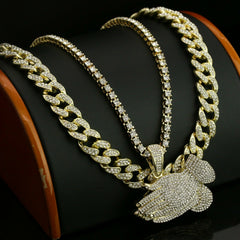 3pc Men's Gold Plated Cz Thick Prayer Hands w/ Cz Cuban & Thin Tennis Chain 22"/24