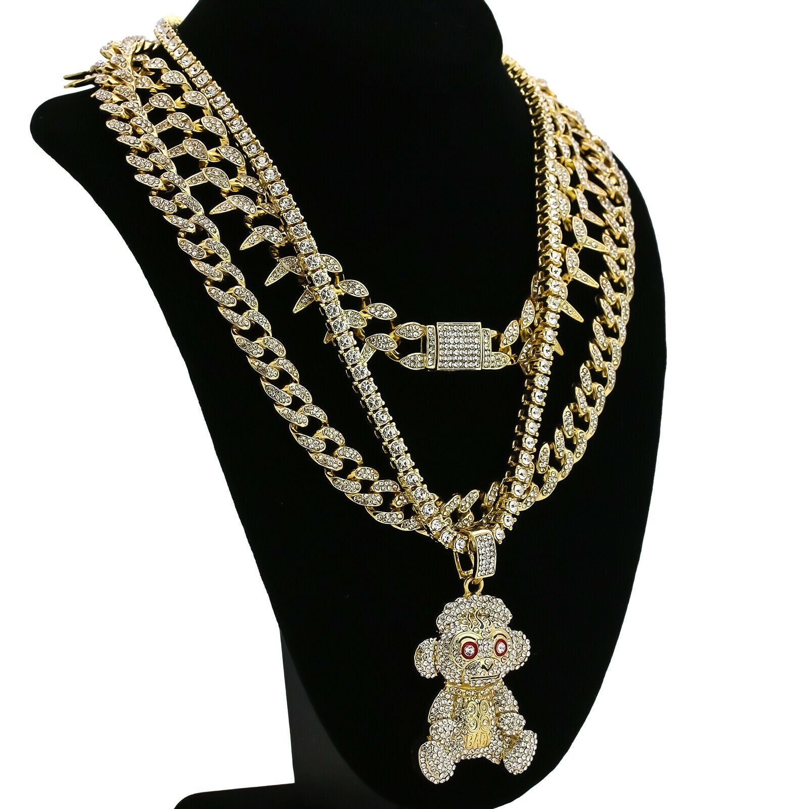 #38 Monkey Cz 4 Pcs Set Exotic Cuban, Tennis & Miami Cuban Chain Bundle Gold PT