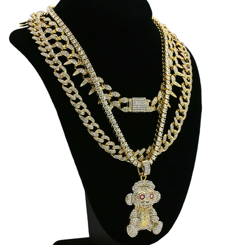 #38 Monkey Cz 4 Pcs Set Exotic Cuban, Tennis & Miami Cuban Chain Bundle Gold PT