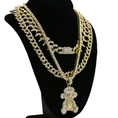 #38 Monkey Cz 4 Pcs Set Exotic Cuban, Tennis & Miami Cuban Chain Bundle Gold PT