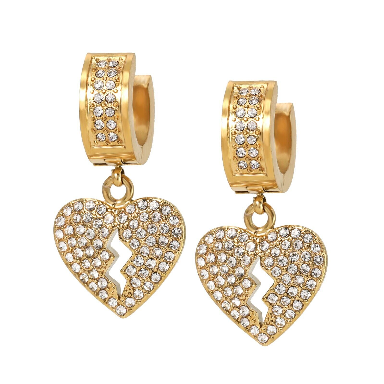 Cubic-Zirconia Gold Stainless Steal 2 Row Tiny Broken Heart Huggie Hoop Earrings