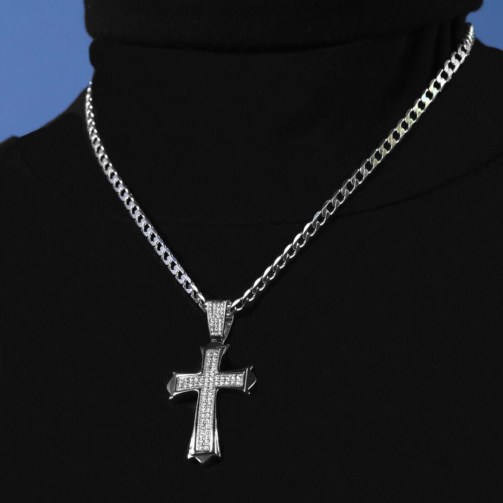 Cubic-Zirconia Two Row Sharp Cross Pendant Silver Plated Cuban Choker 18" Chain