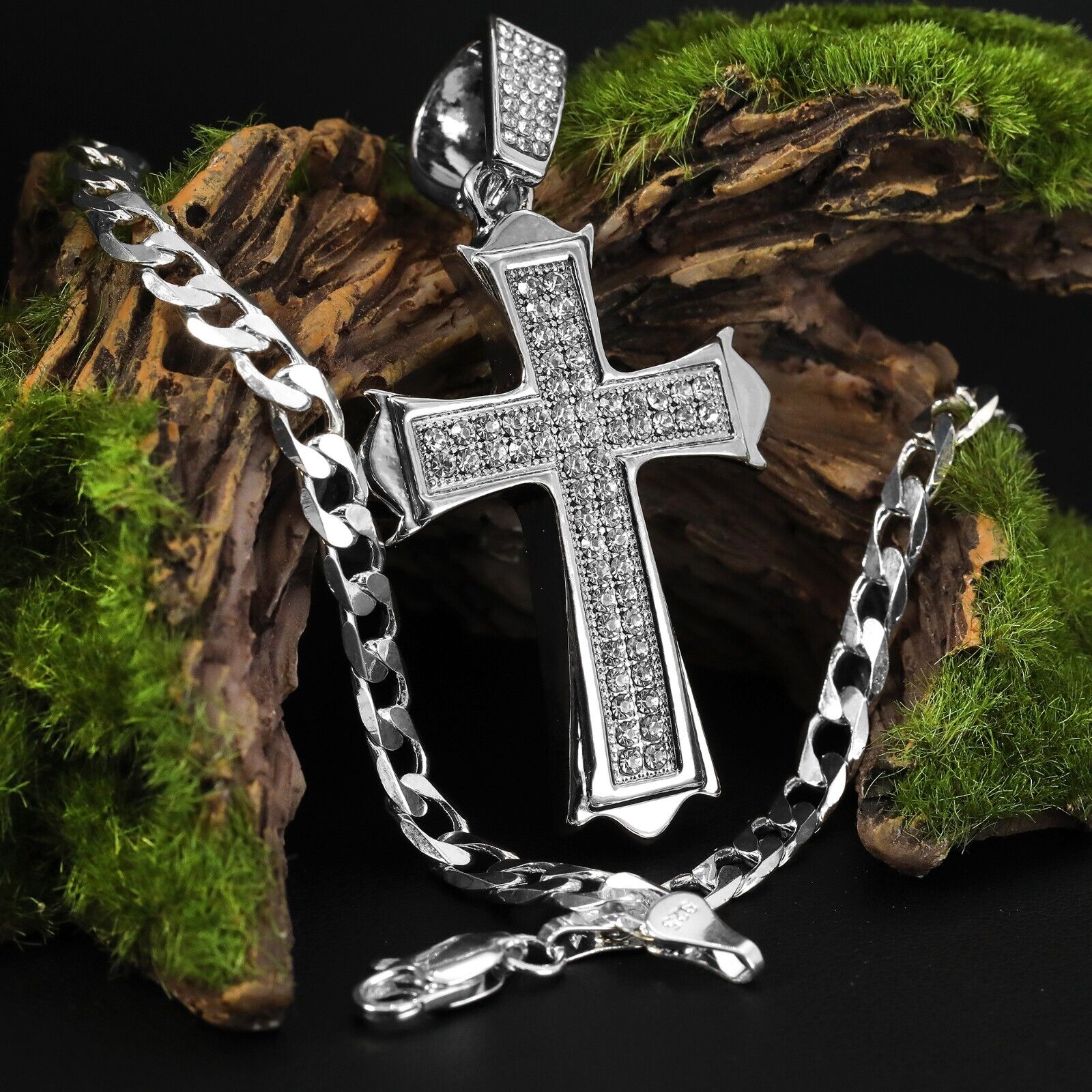 Cubic-Zirconia Two Row Sharp Cross Pendant Silver Plated Cuban Choker 18" Chain