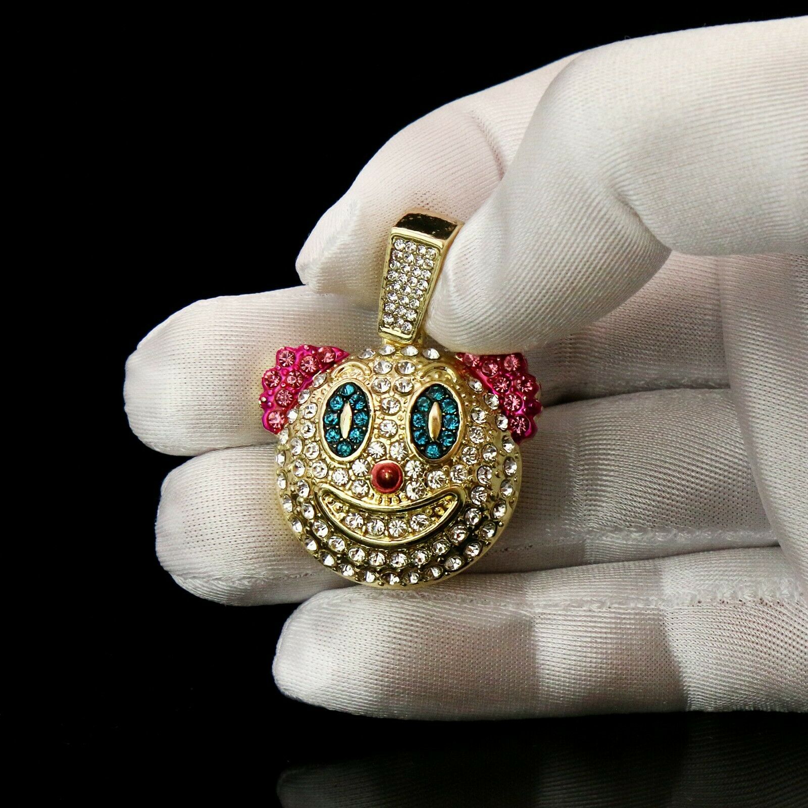 Colorful Fully Iced Clown/Jester 14k Gold PT Pendant 6mm 24" inches Cuban Chain