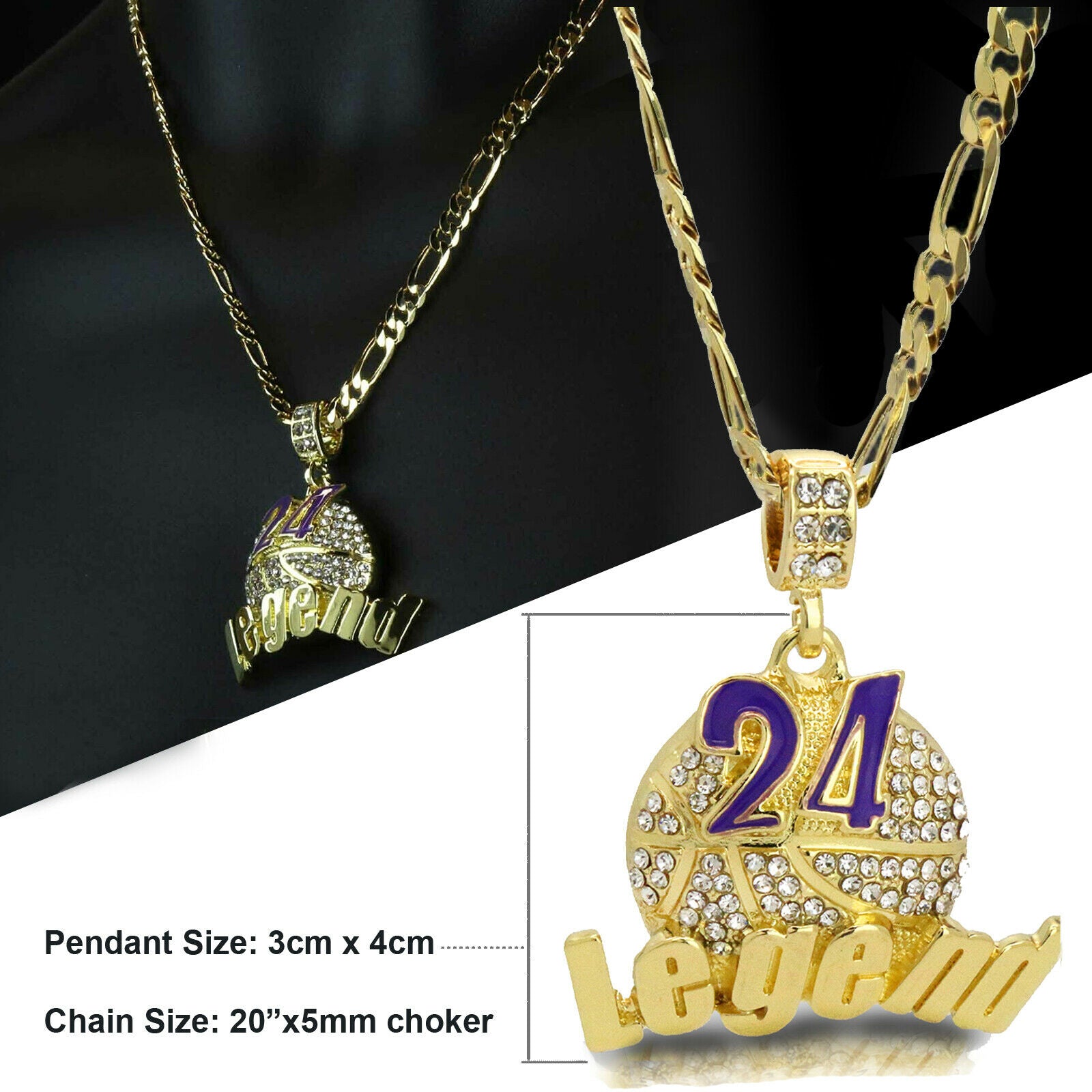 Gold / Purple #24 Legend Basketball Pendant with Rope Chain