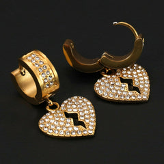 Cubic-Zirconia Gold Stainless Steal 2 Row Tiny Broken Heart Huggie Hoop Earrings