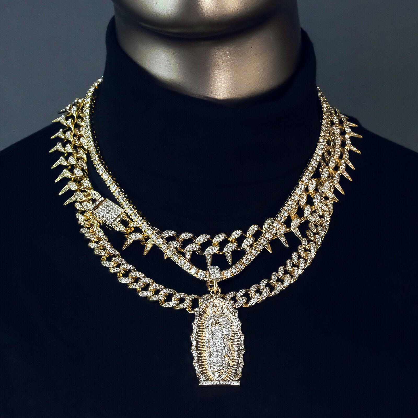 Guadalupe Cz 4 Pcs Set Exotic Cuban, Tennis & Miami Cuban Chain Bundle Gold PT