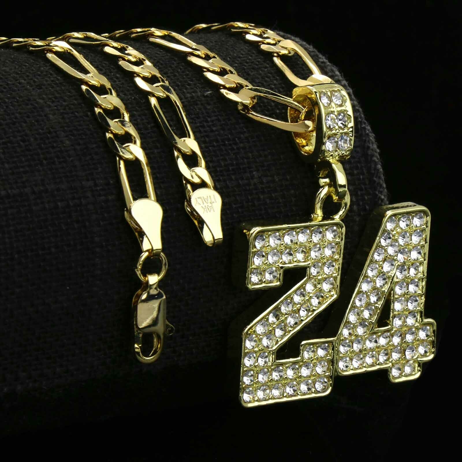 Gold Fully CZ #24 Jump Man Basketball Pendant with Figaro Chain