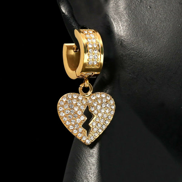 Men's Gold Plated Stainless Steel Broken Heart Earrings High Fashion ...