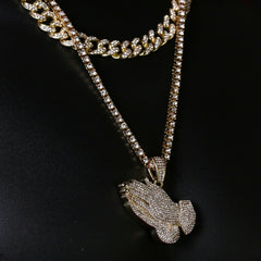 3pc Men's Gold Plated Cz Thick Prayer Hands w/ Cz Cuban & Thin Tennis Chain 22"/24
