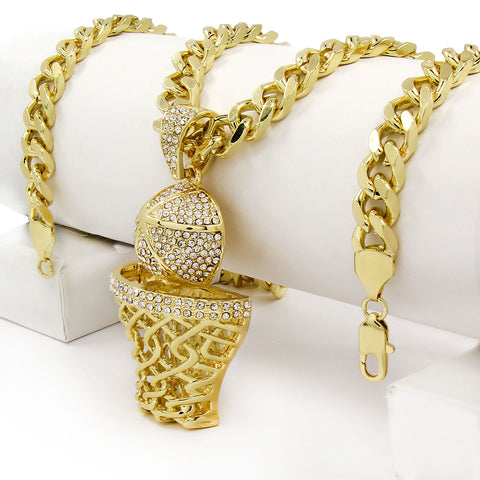 Gold Basketball Pendant Necklace – 10mm Miami Cuban Link Chain (30")