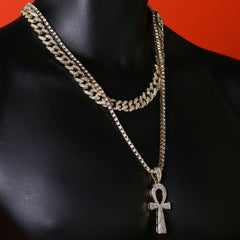 Men's Gold Plated Cz Thick Layer Ankh w/ Fully Cz Cuban & Thin Tennis Chain 22"/24"