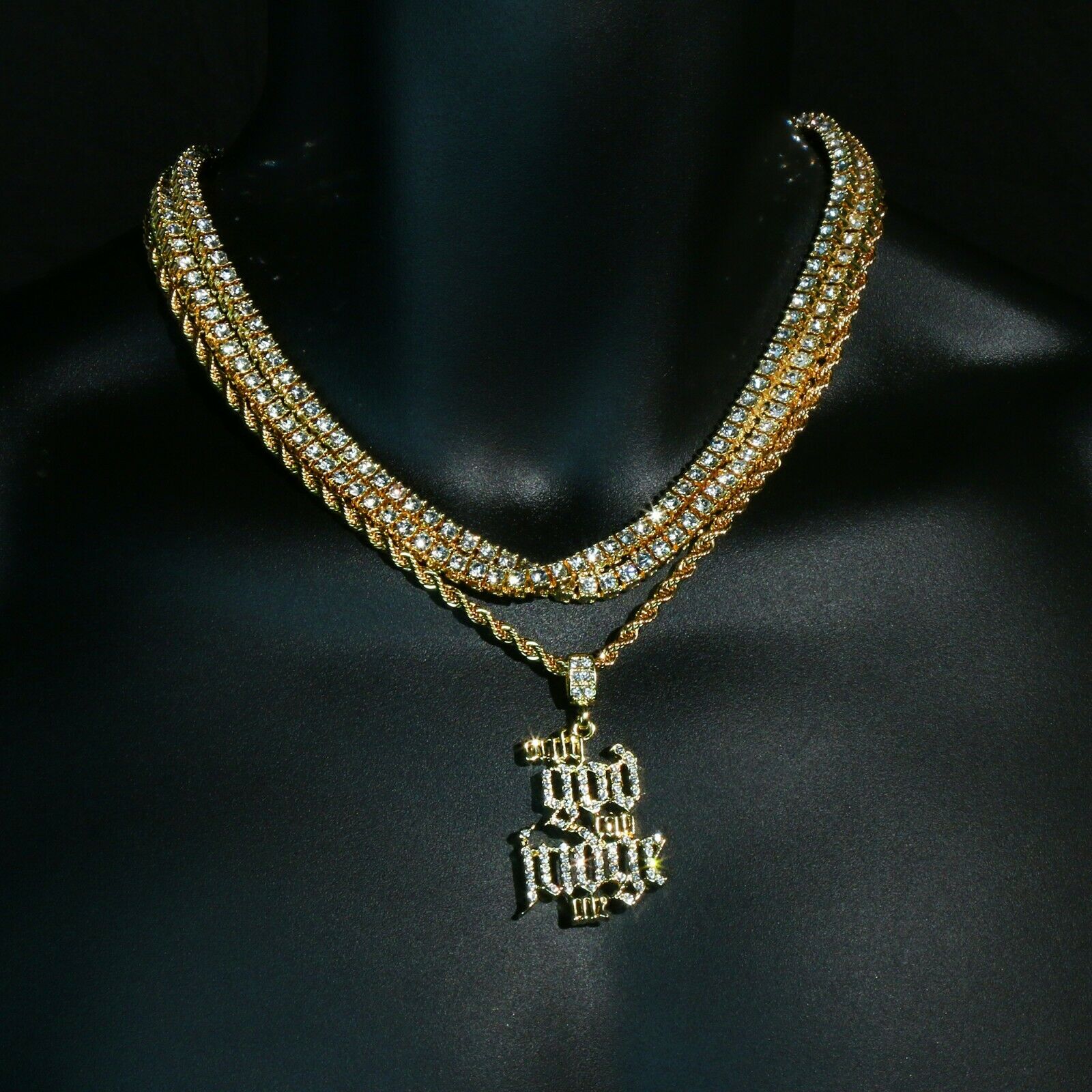 4 Pcs Set Cuban, Tennis, Rope Chain & Only God Can Judge Me Gold PT