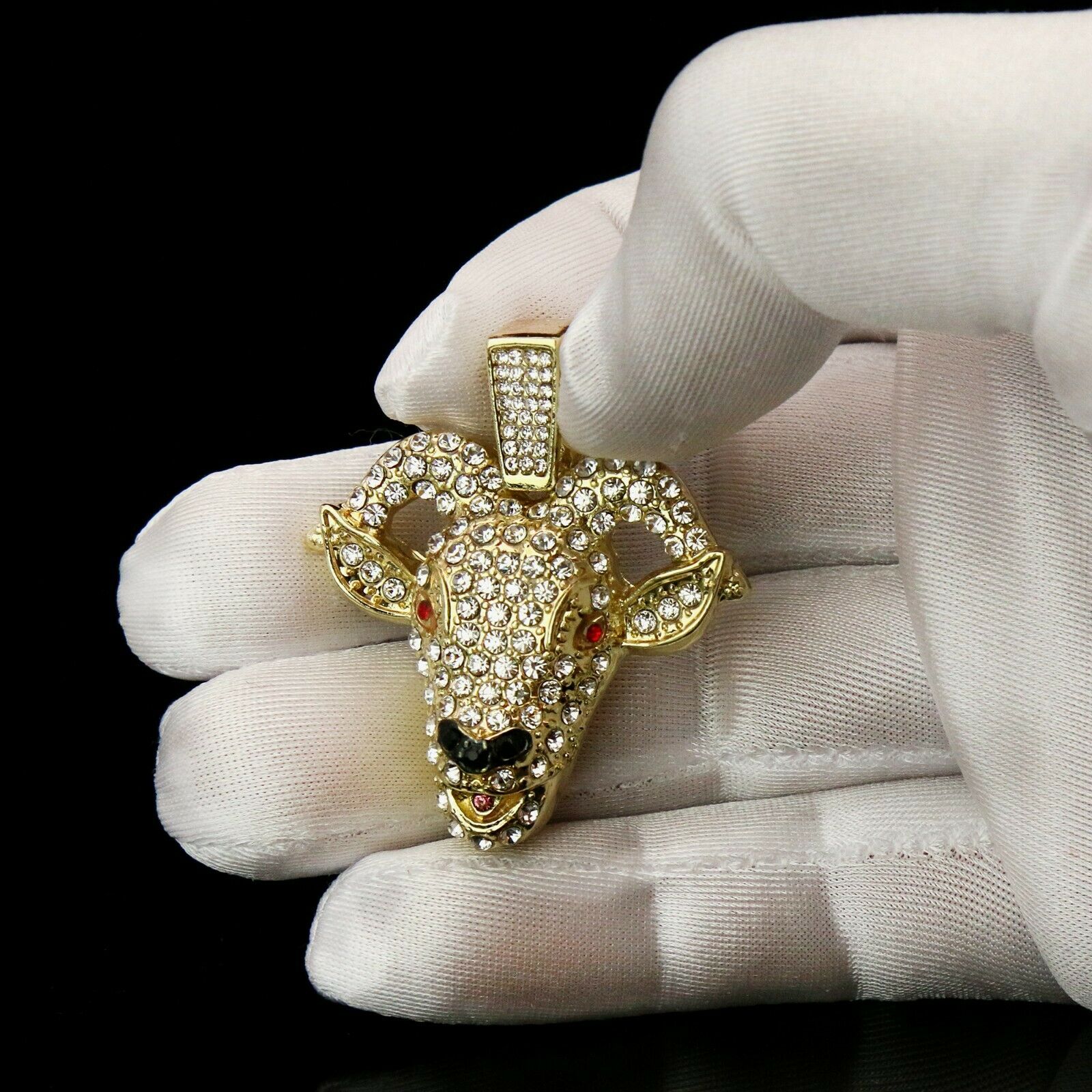 Fully Iced GOAT Head Red Eye 14k Gold PT Pendant 6mm 24" inches Cuban Chain