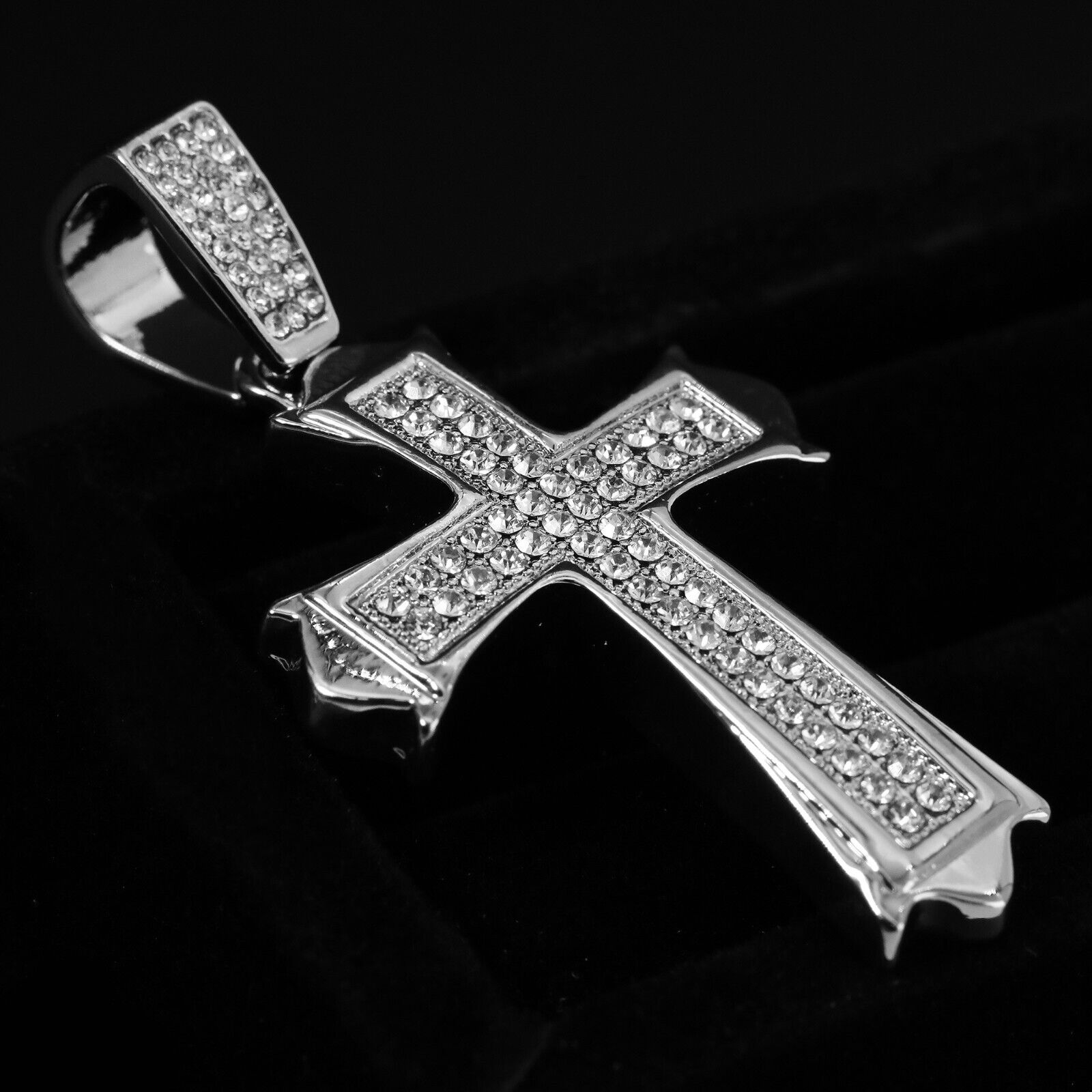 Cubic-Zirconia Two Row Sharp Cross Pendant Silver Plated Cuban Choker 18" Chain