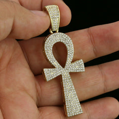 Men's Gold Plated Cz Thick Layer Ankh w/ Fully Cz Cuban & Thin Tennis Chain 22"/24"