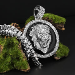 Fully Cubic-Zirconia Black Round Lion Pendant Silver Plated Two Tennis 18", 20" Chain