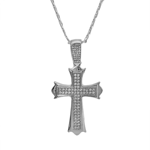 Cubic-Zirconia Two Row Sharp Cross Pendant Silver Plated Cuban Choker 18" Chain