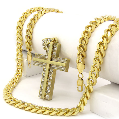 10mm Miami Cuban Link Chain with Gold mirror Cross Pendant – Iced Out Hip Hop Necklace